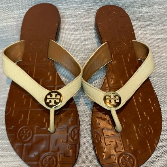 Tory Burch Shoes - Tory Burch Cream and Brown Sandals with gold towns women’s size 8